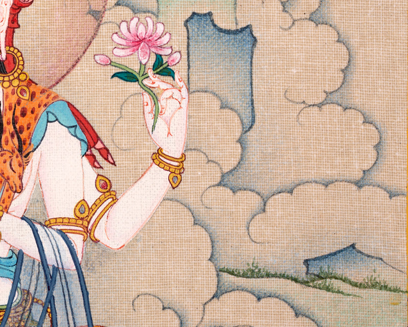 Chenrezig Thangka, 4 Armed Bodhisattva Avalokiteshvara ,Hand-painted Tibetan Painting