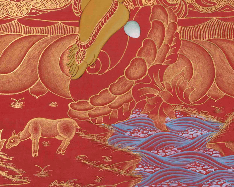 Red And Gold Painted Dzambala Thangka | Hand-Painted Deity Of Wealth