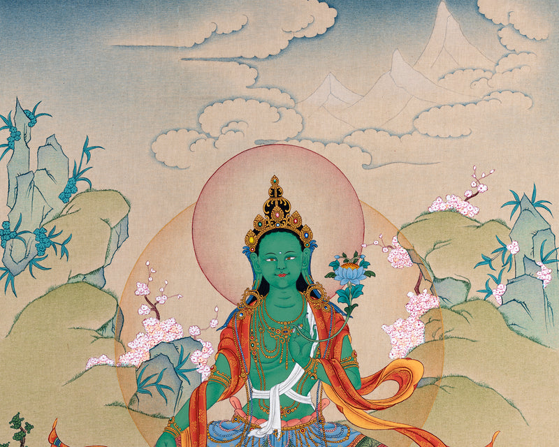Green Tara Thangka | Tibetan Mother Tara | Natural Stone Colors and 24K Gold