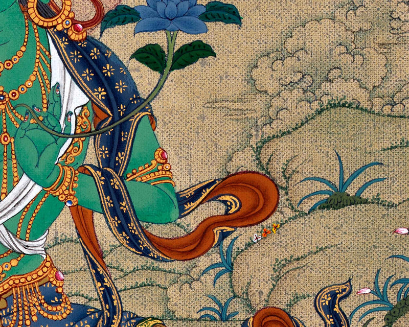 Green Tara, Dolma Tibetan Thangka, Hand Painted Tara  in Natural Stone Colors and 24K Gold