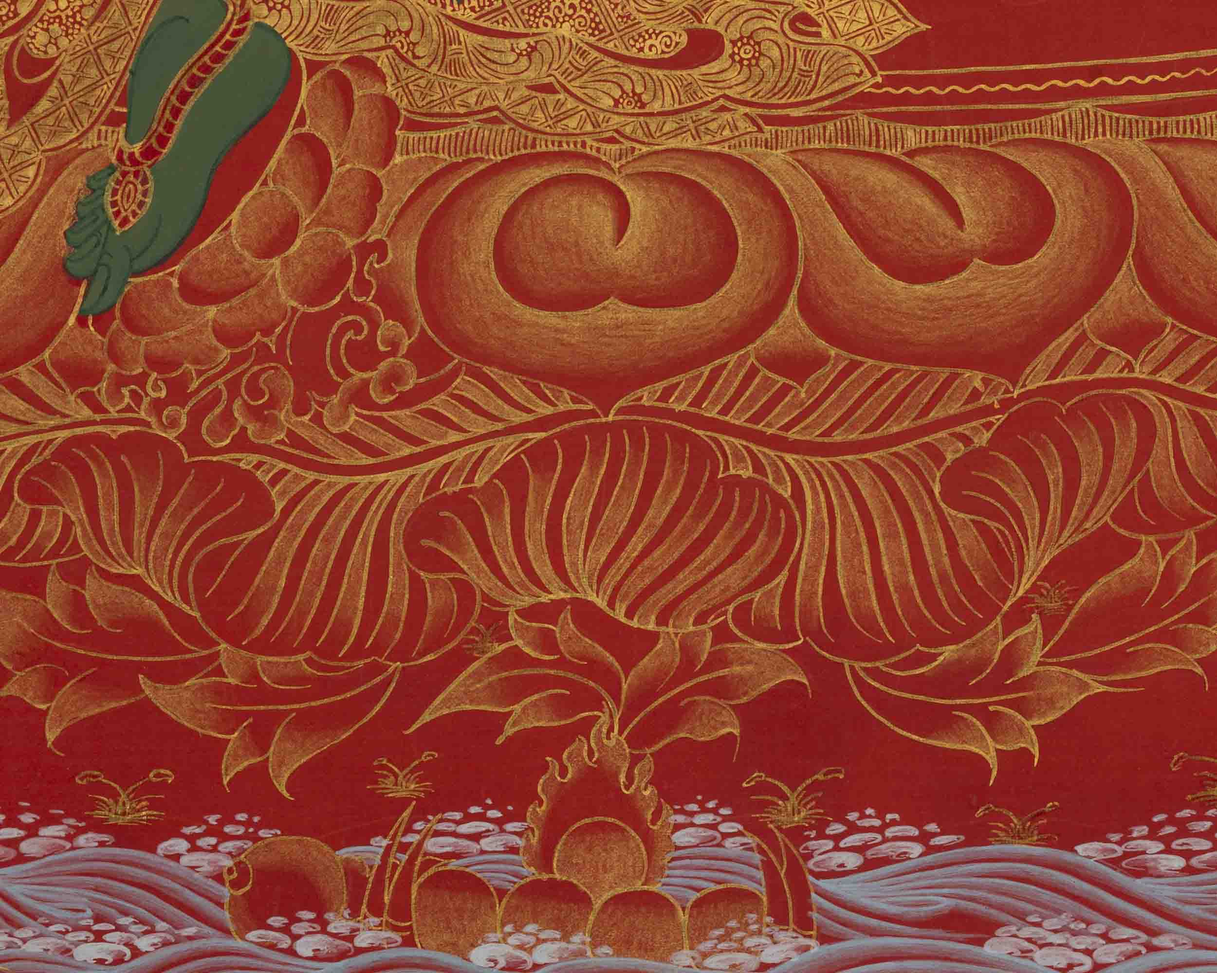 24K Gold Green Tara Thangka | Traditional Tibetan Painting | Wall Decors