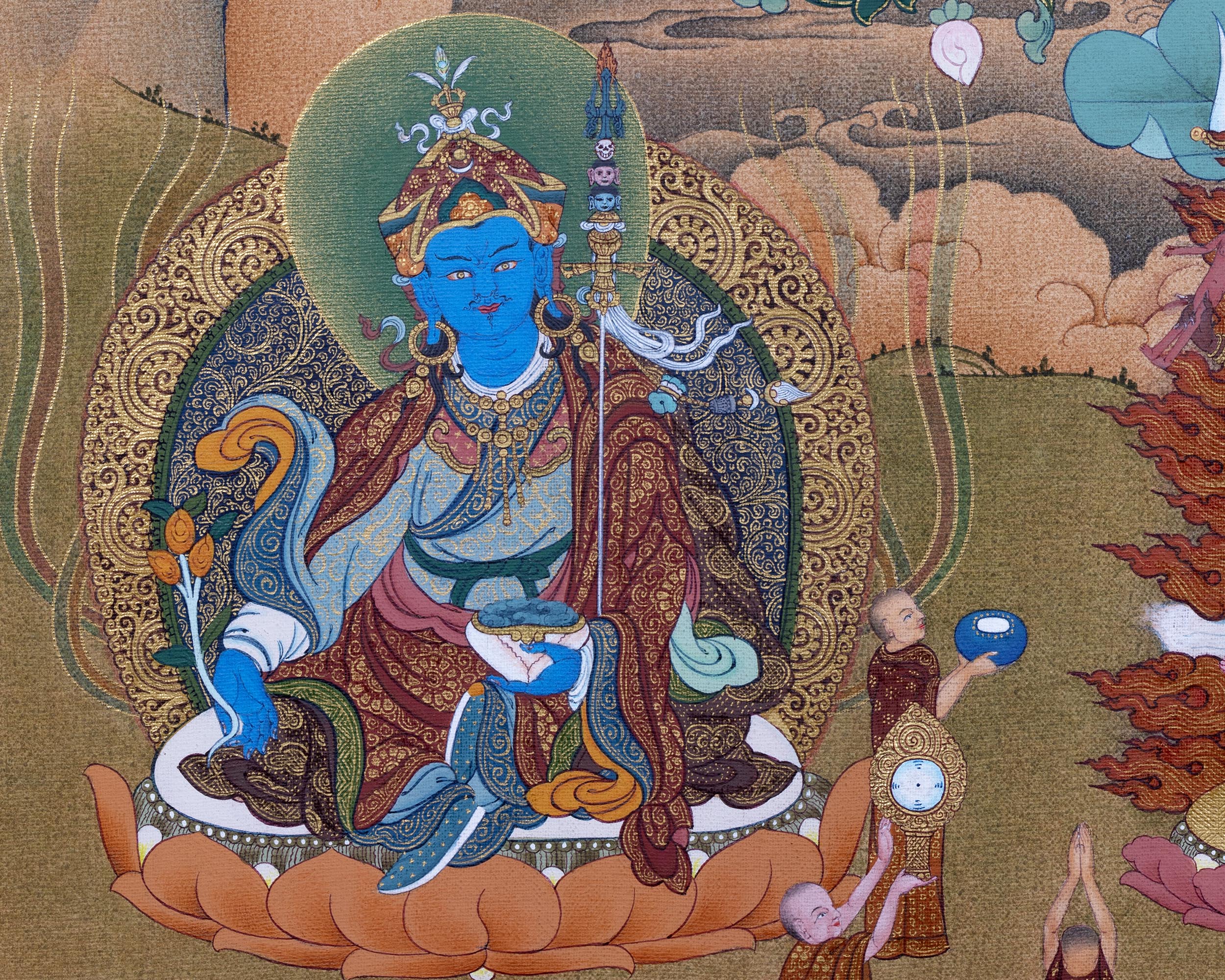 Guru Rinpoche With Guru Norla and Urgen Menla Thangka | Vajrayana Thangka Prints | Buddhist Art