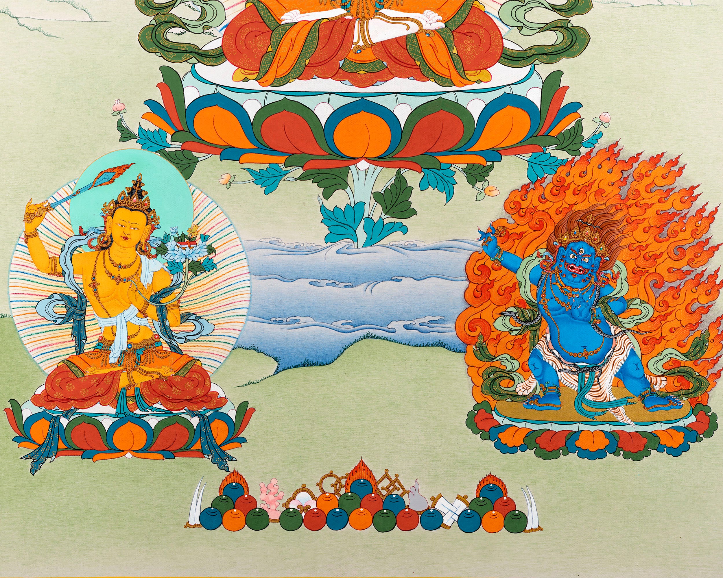 Bodhisattva Thangka | Genuine 24K Gold Hand Painted Tibetan Art | Avalokiteshvara, Vajrapani & Manjushri