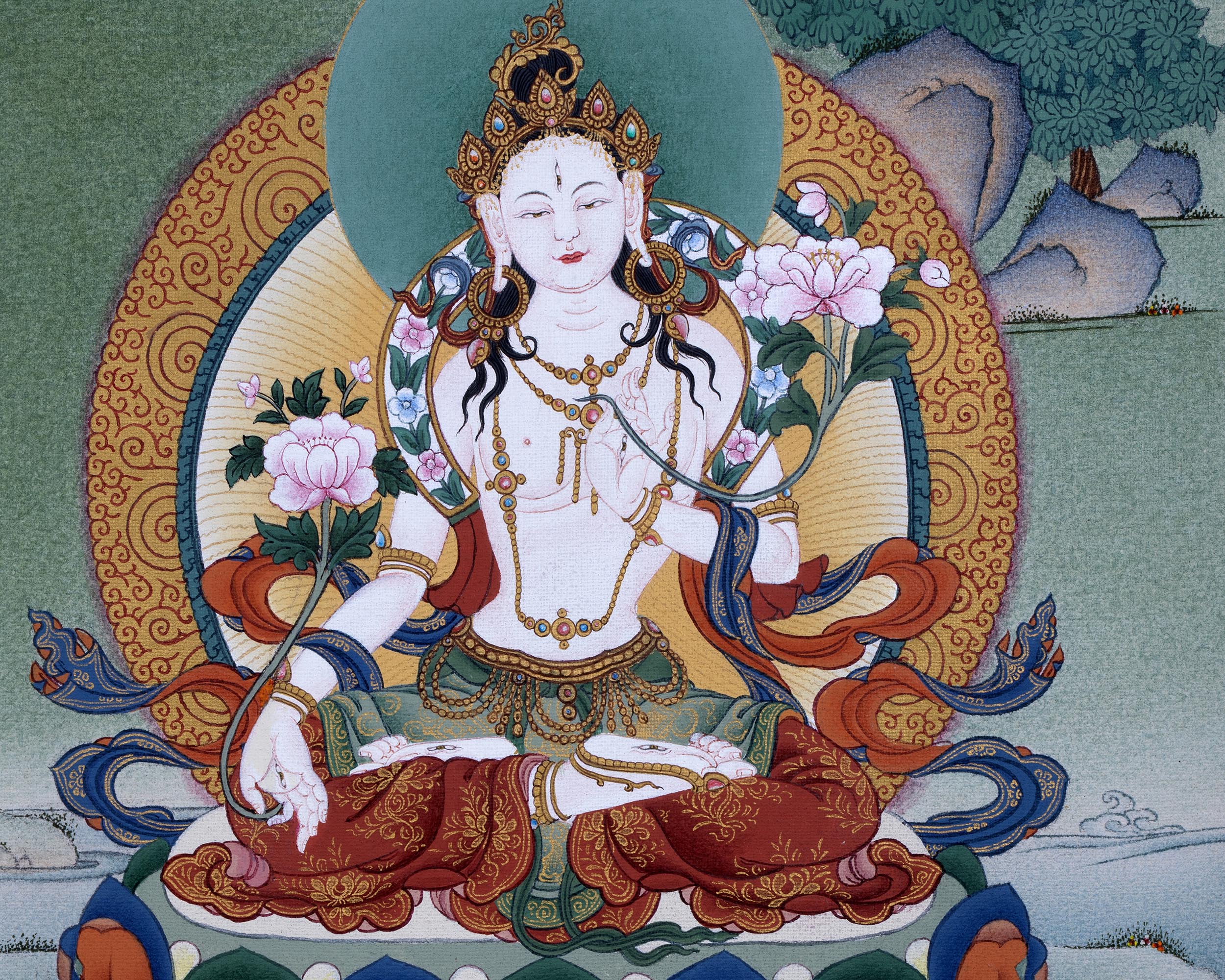 Namgyalma With Amitayus and White Tara Thangka Print | High Quality Giclee Canvas Print