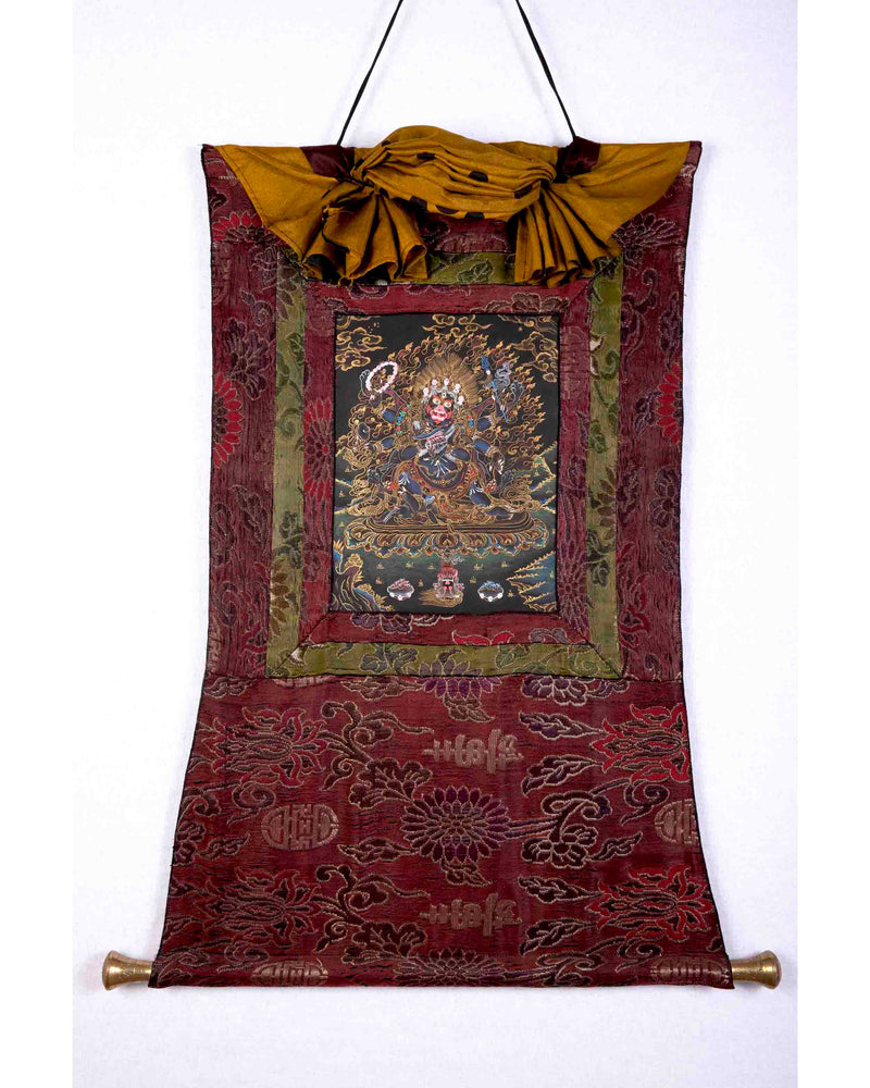 6 Armed Mahakala with Banarasi Silk Brocade  | Hand Painted Thangka Art