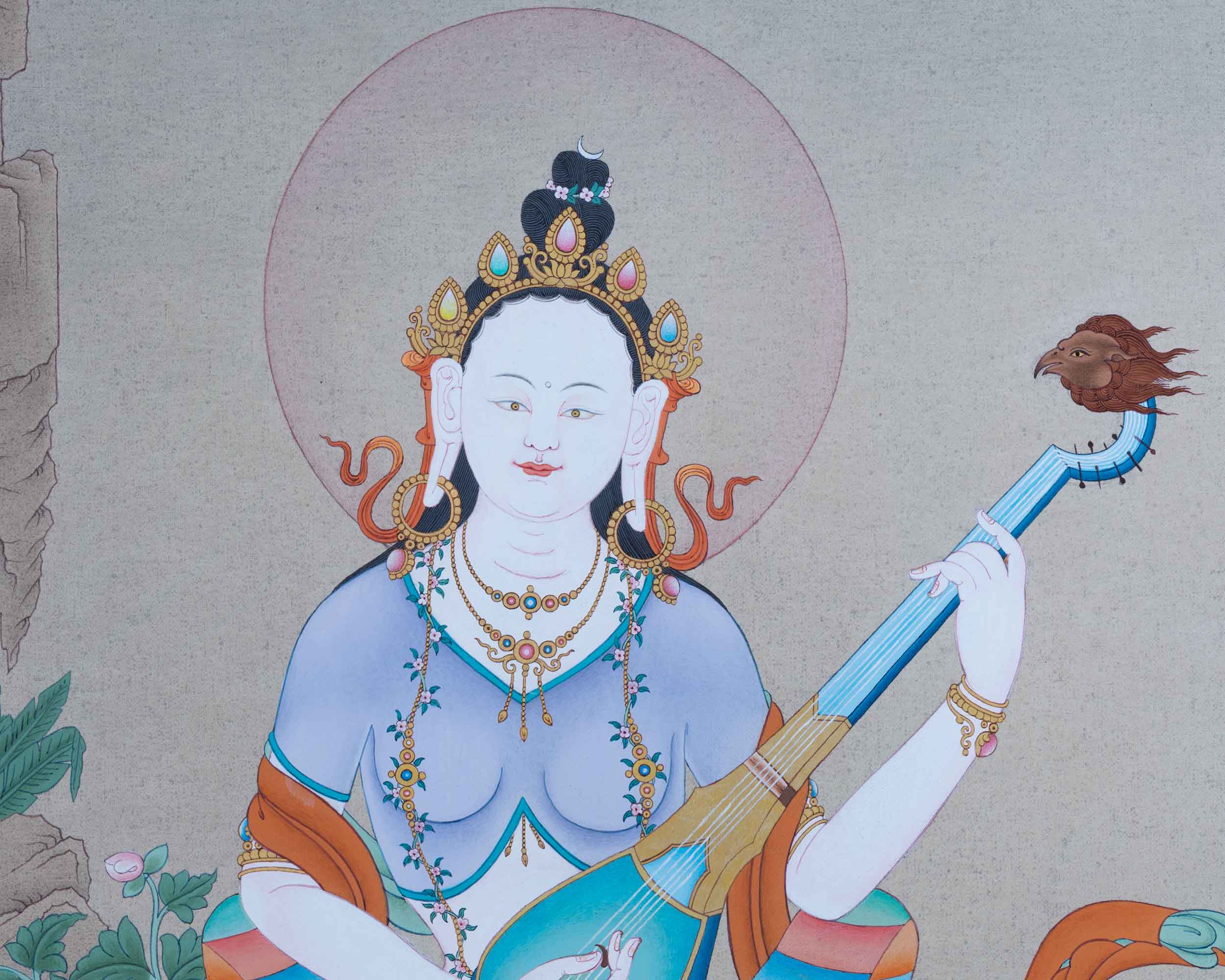 Tibetan Dakini Thangka For Saraswati Mantra Practice | Traditional Himalayan Thangka On Cotton Canvas