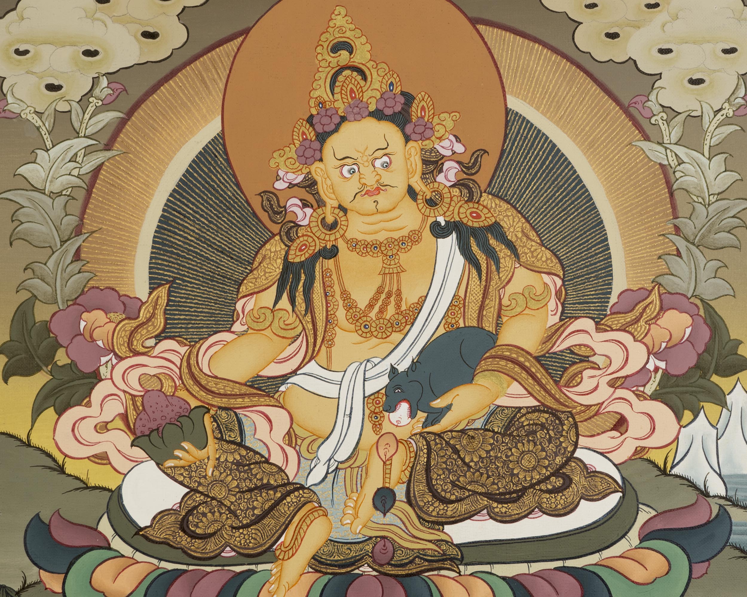 Yellow Dzambala Thangka | Kubera Tibetan Buddhist Thangka