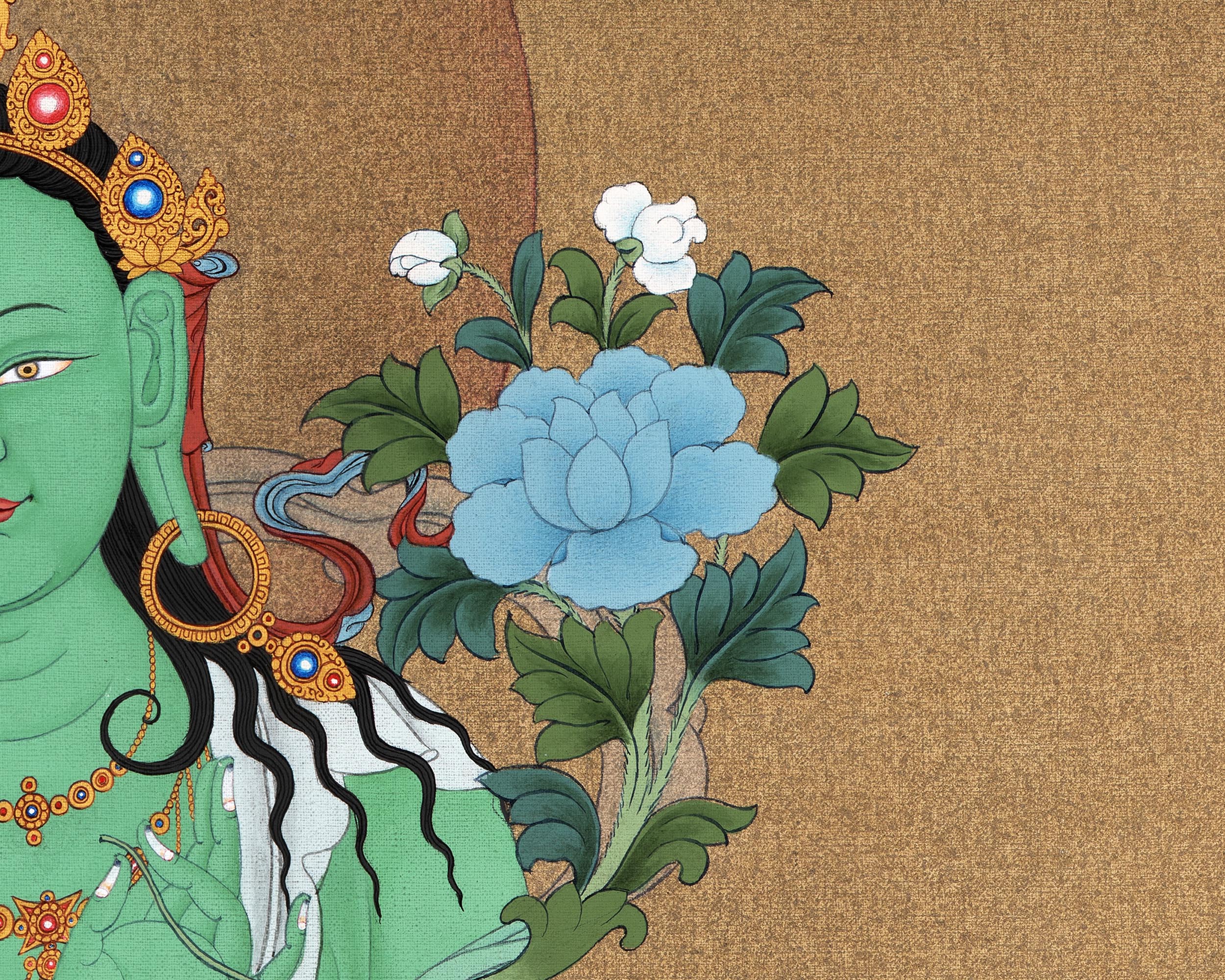 Thangka Tibetano Otto Tara Verde - Arazzo Buddha Con Stampa Dorata - Decorazione Zen Per Meditazione - Foto 14