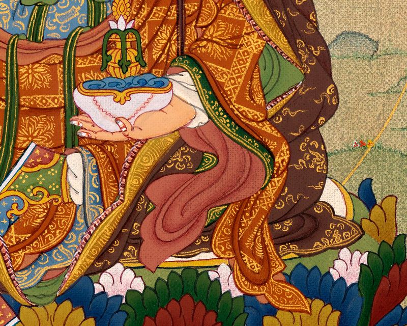 Padmasambhava Thangka | Tibetan Thangka in Natural Stone Color & 24K Gold