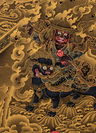 Ekajati Rahula And Dorje Legpa | Three Nyingma Protectors | Black and Gold Thangka