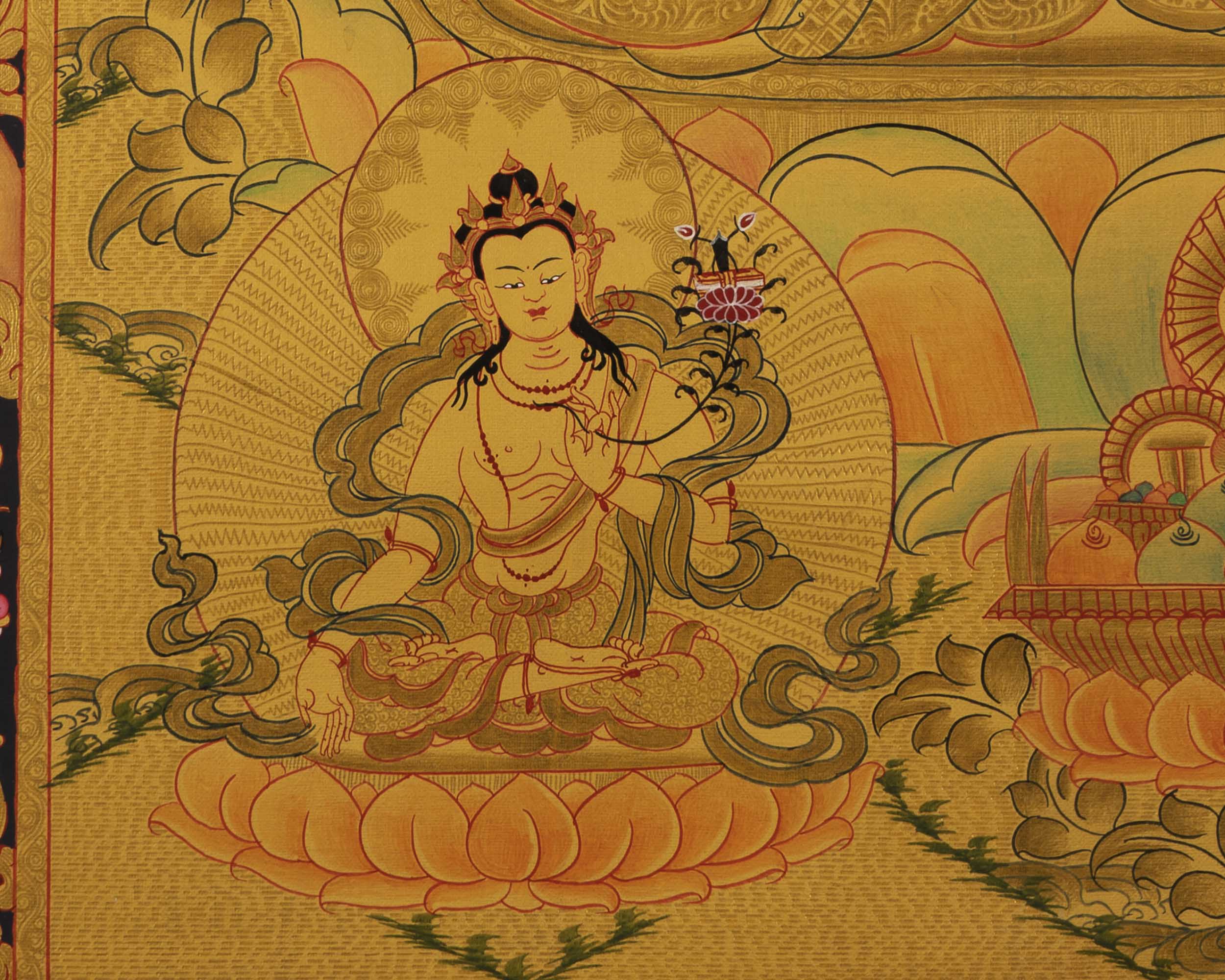 Gold Manjushree Thangka | Hand Painted Bodhisattva Art