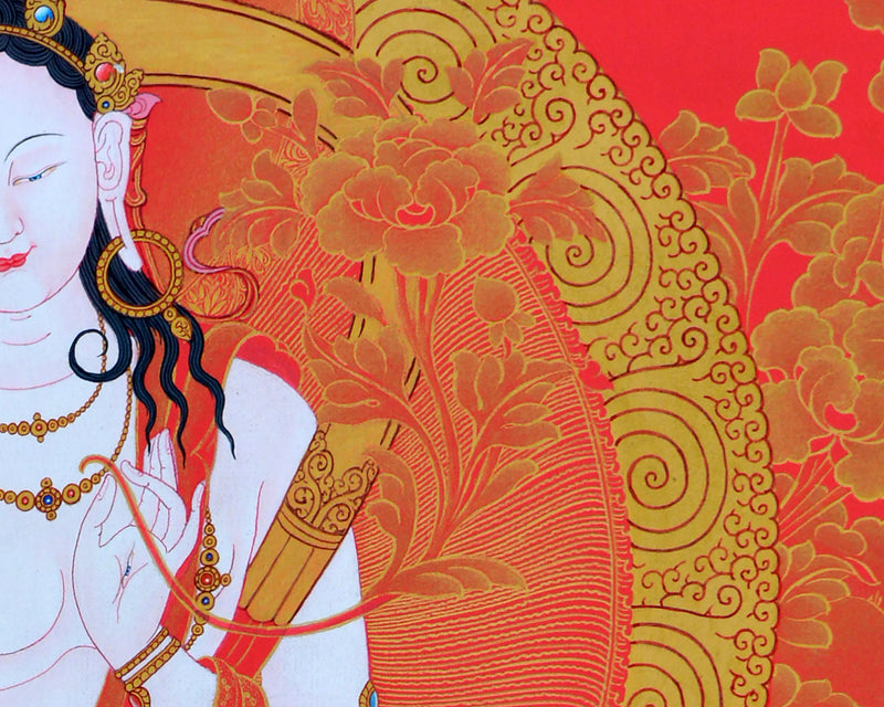 Tibetan White Tara Thangka | Tara In Red and Gold