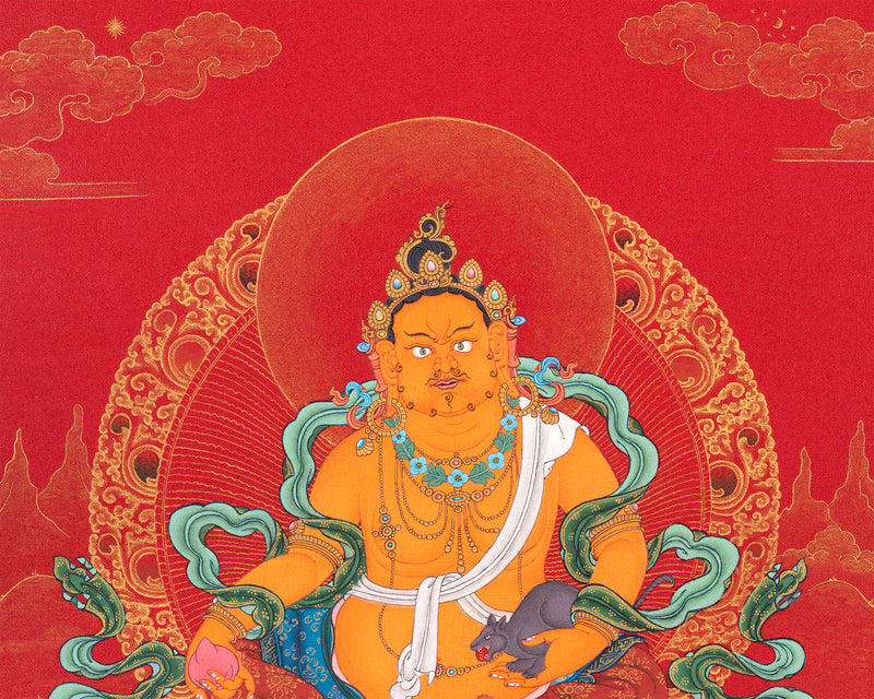 Jambala Thangka | Dzambhala Painting | Hand-painted Buddhist Wealth Deity | Red And Gold