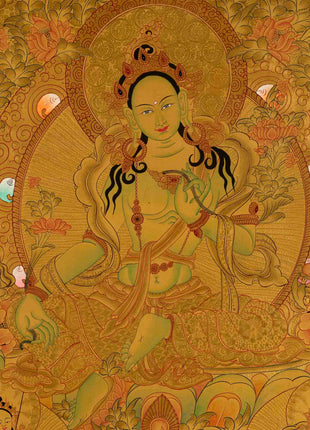 Gold Green Tara Thangka | Religious Buddhist Painting | Wall Decors
