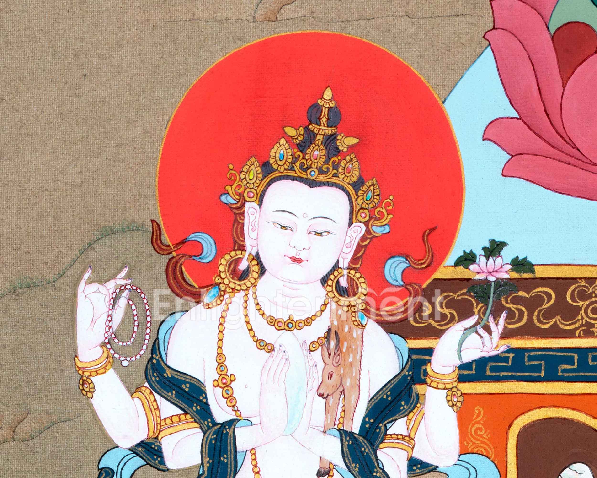 Namo Amitabha Buddha Thangka For Daily Meditation | Traditionally Hand-Painted Art Of Amitabha  With Chenrezig and Vajrapani