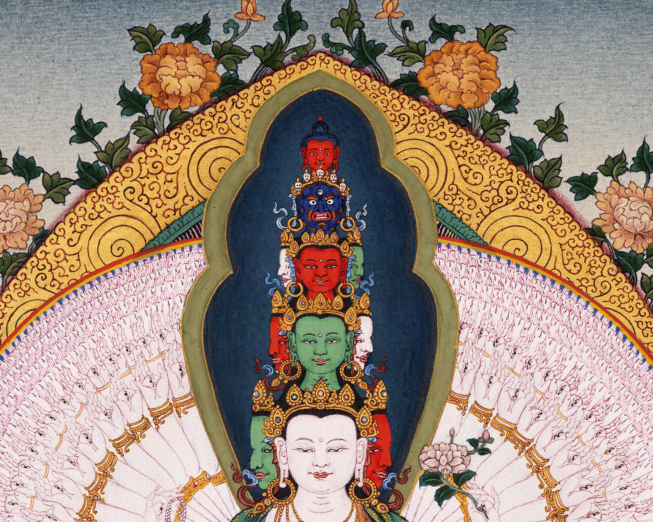 1000 Armed Avalokiteshvara, Tibetan Hand painted Small Thangka
