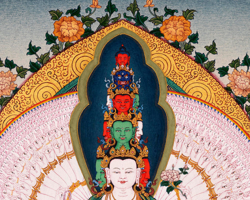 1000 Armed Avalokiteshvara, Tibetan Hand painted Small Thangka