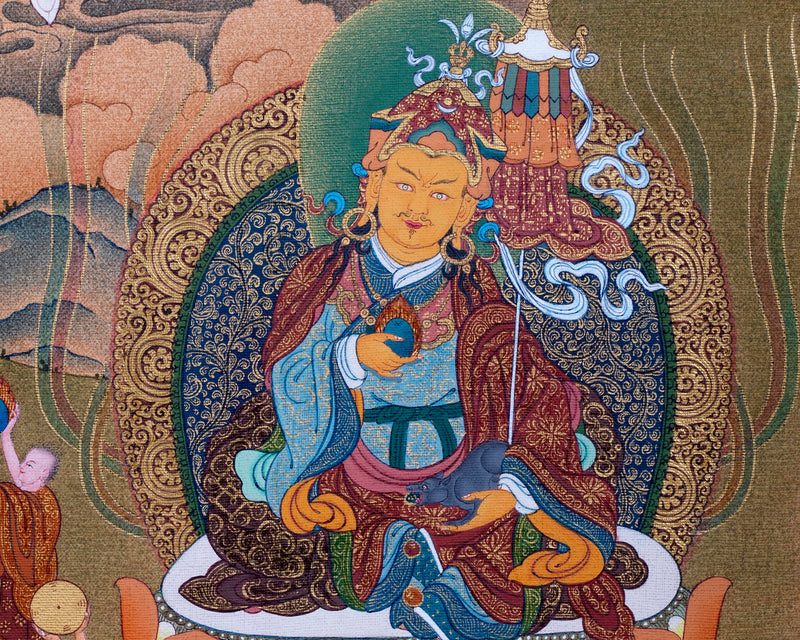 Guru Rinpoche With Guru Norla and Urgen Menla Thangka | Vajrayana Thangka Prints | Buddhist Art