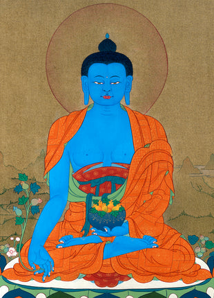 Medicine Buddha Thangka, Hand Painted Tibetan 24K Gold Thangka Painting