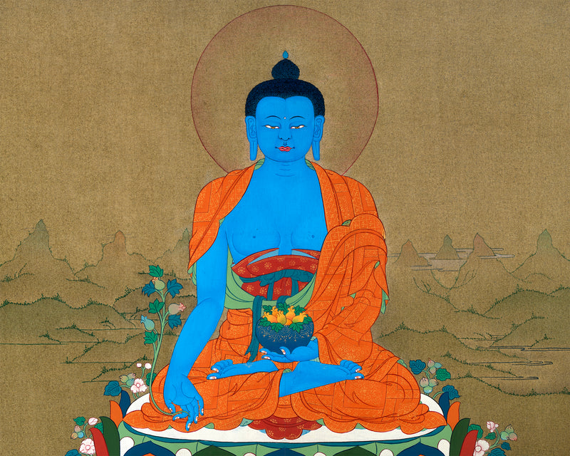 Medicine Buddha Thangka, Hand Painted Tibetan 24K Gold Thangka Painting