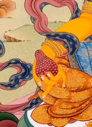 Jambala Thangka | Dzambala Wealth Deity | Tibetan Painting In Natural Stone Colors And 24K Gold