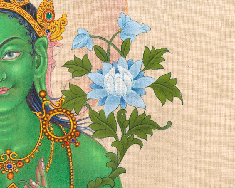 Mother Green Tara, A Thangka Painting in Natural Stone Colors