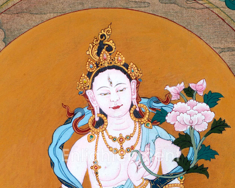 Amitayus With White Tara & Namgyalma | Hand-Painted Thangka For Amitayus Buddha Mantra Practice