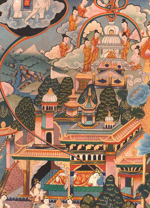 Shakyamuni Buddha Life Story | Vintage Original Hand-Painted Thangka