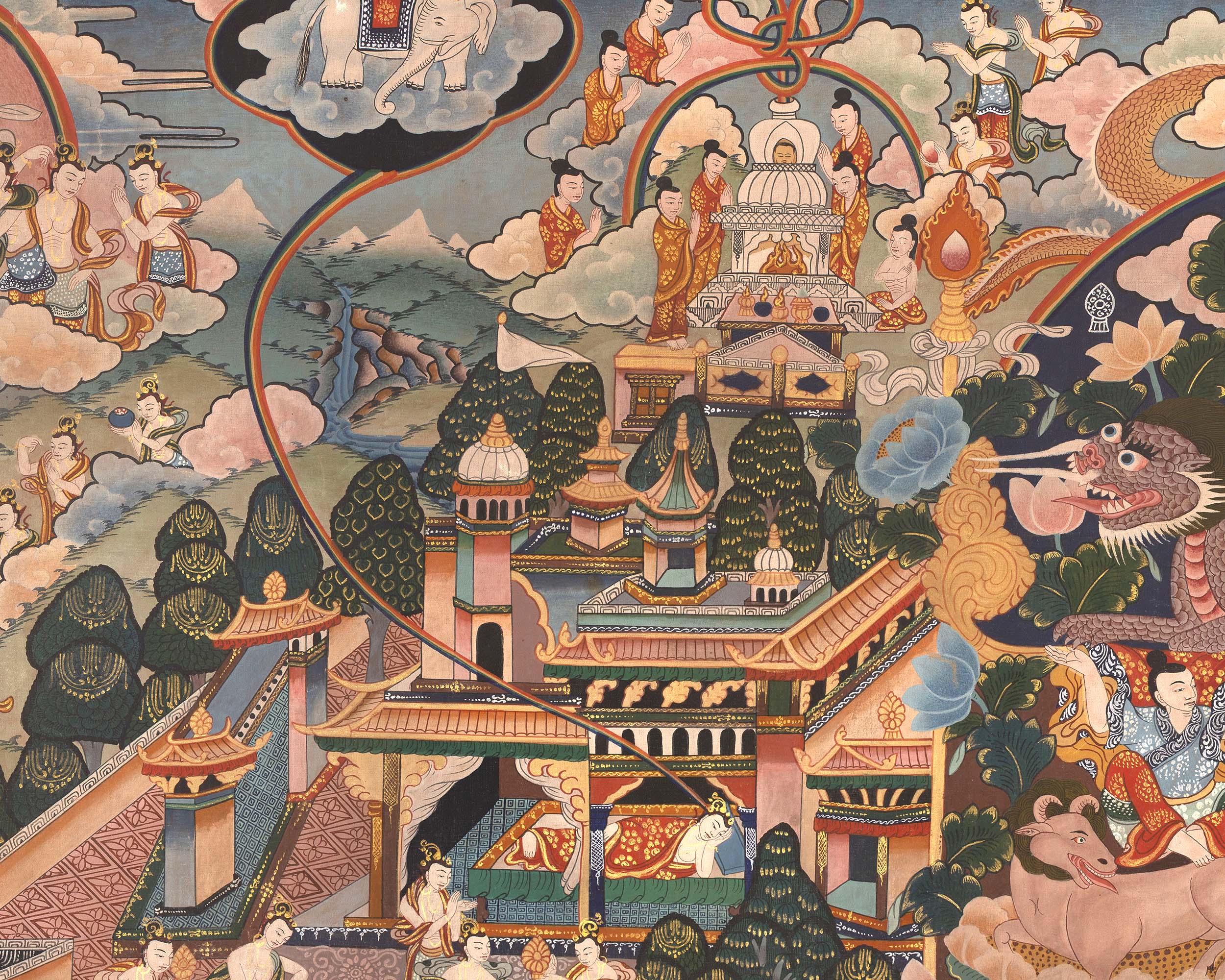 Shakyamuni Buddha Life Story | Vintage Original Hand-Painted Thangka