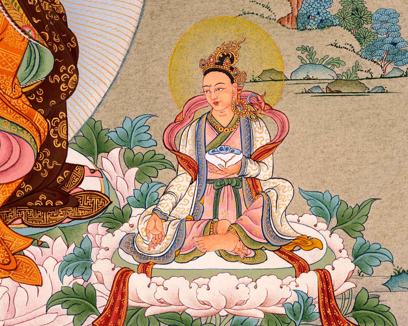 Padmasambhava Painting | Guru Rinpoche with Consorts and Amitabha Buddha