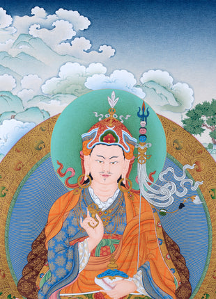 Guru Rinpoche, Padmasambhava Thangka, Tibetan Buddhist Painting in Natural Stone Color & 24K Gold (includes a silk brocade)