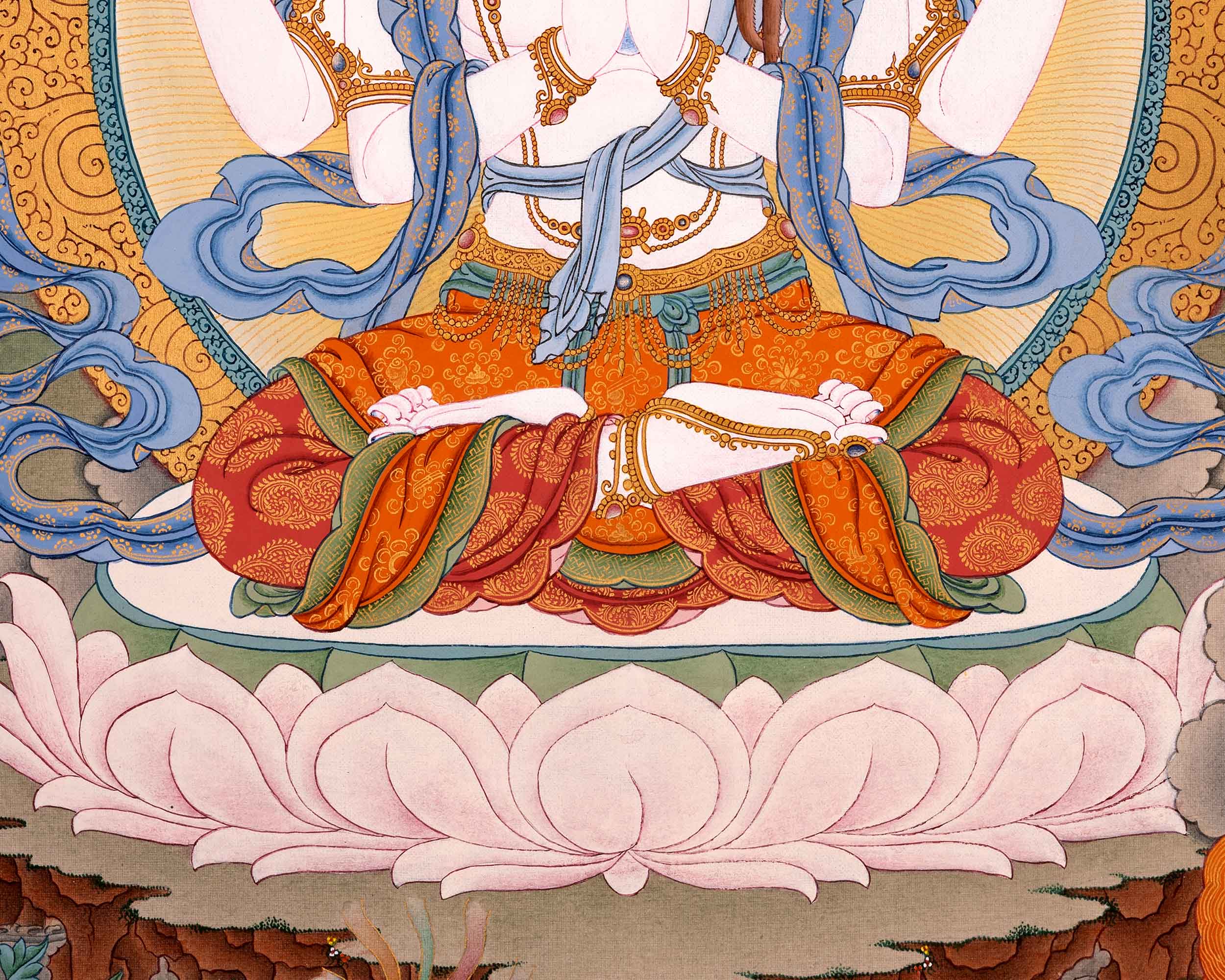 Bodhisattva Thangka | Chenrezig with Vajrapani, Manjushri and Amitabha Buddha