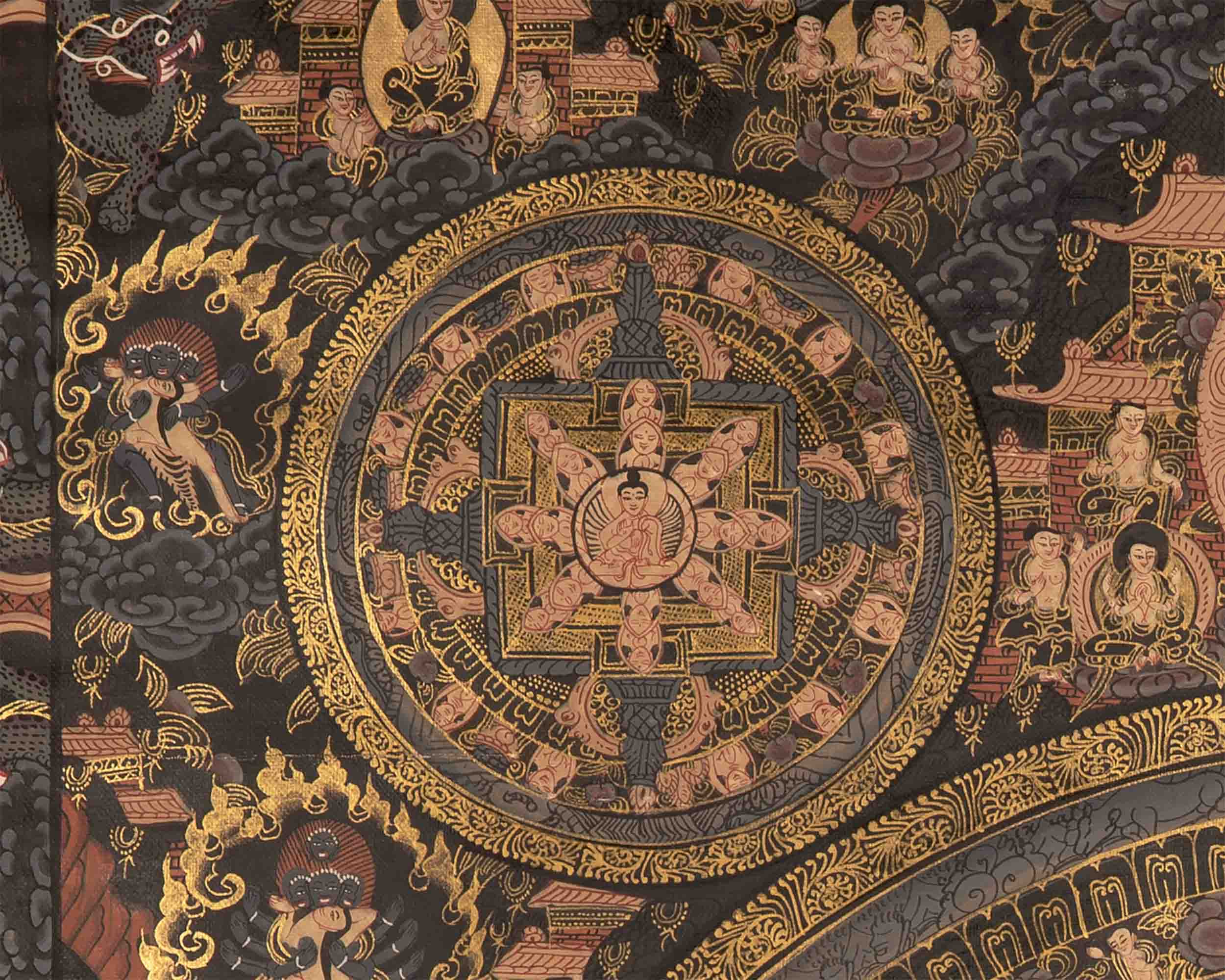 Dark Pancha Mandala With Brocade | Wall Decoration Painting