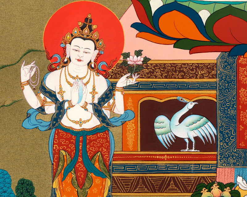 Amitabha Buddha, Chenrezig and Vajrapani | Hand Painted | Tibetan Thangka Art