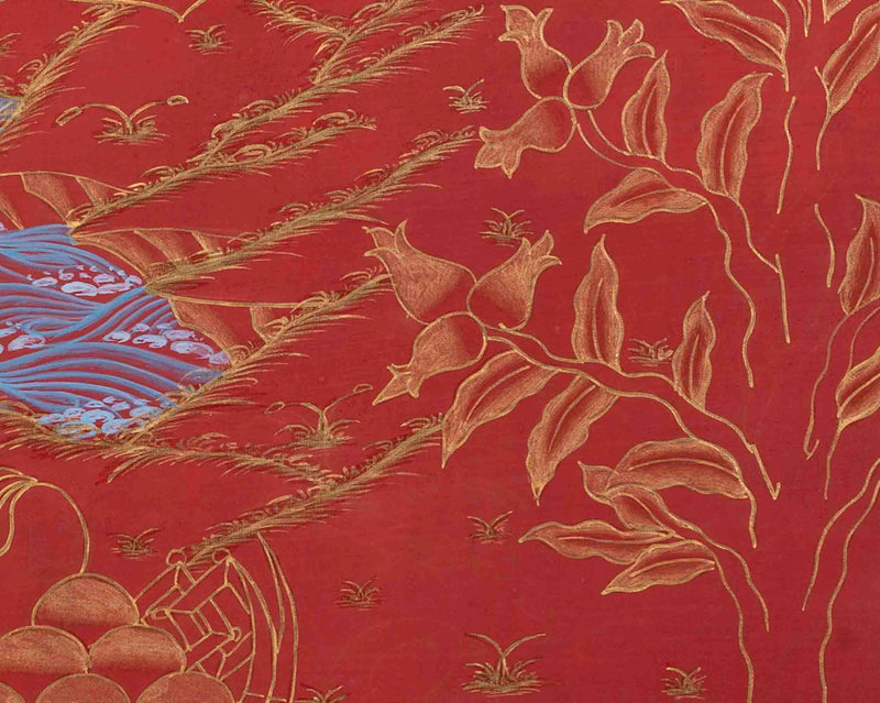 Red And Gold Painted Dzambala Thangka | Hand-Painted Deity Of Wealth