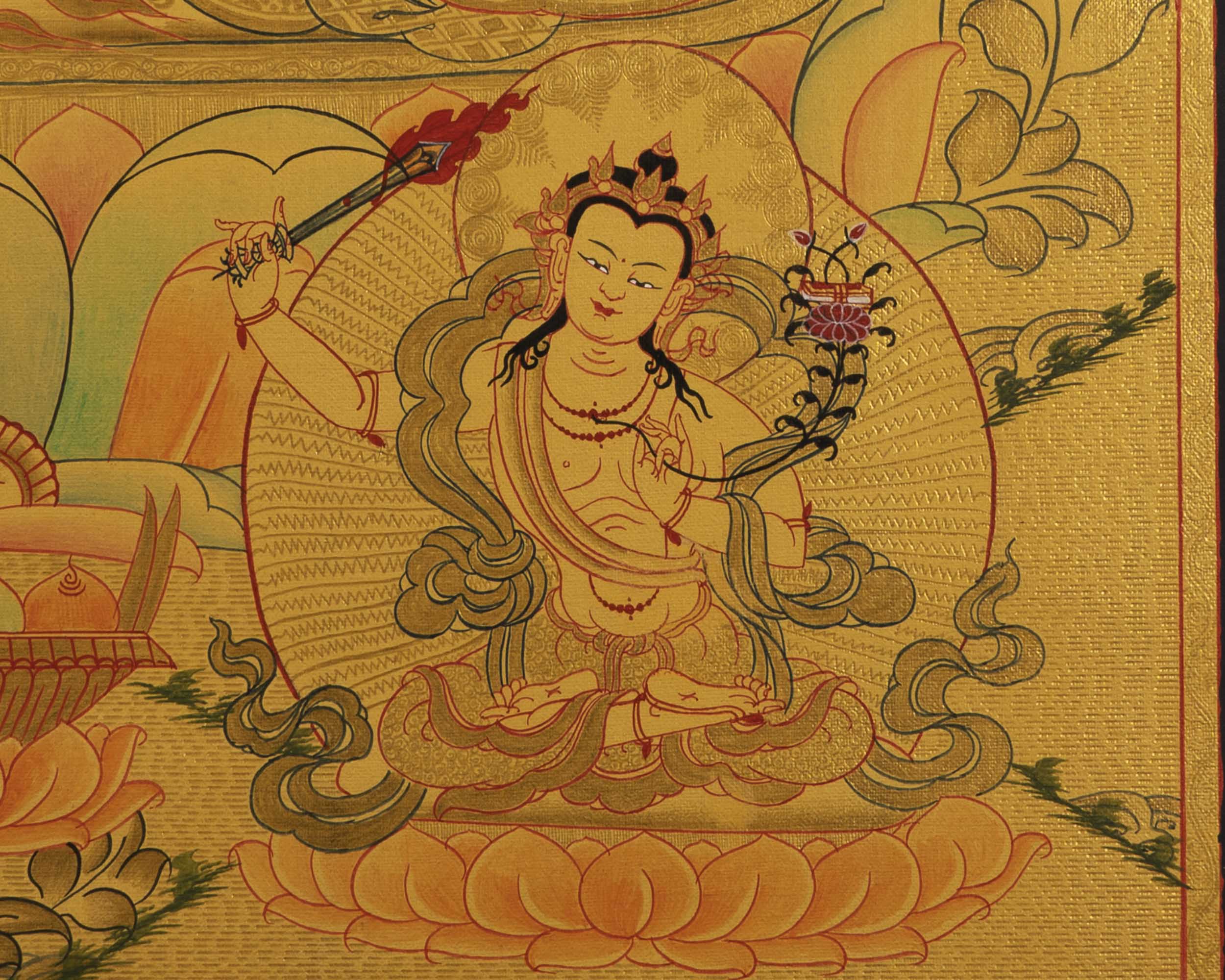 Gold Manjushree Thangka | Hand Painted Bodhisattva Art