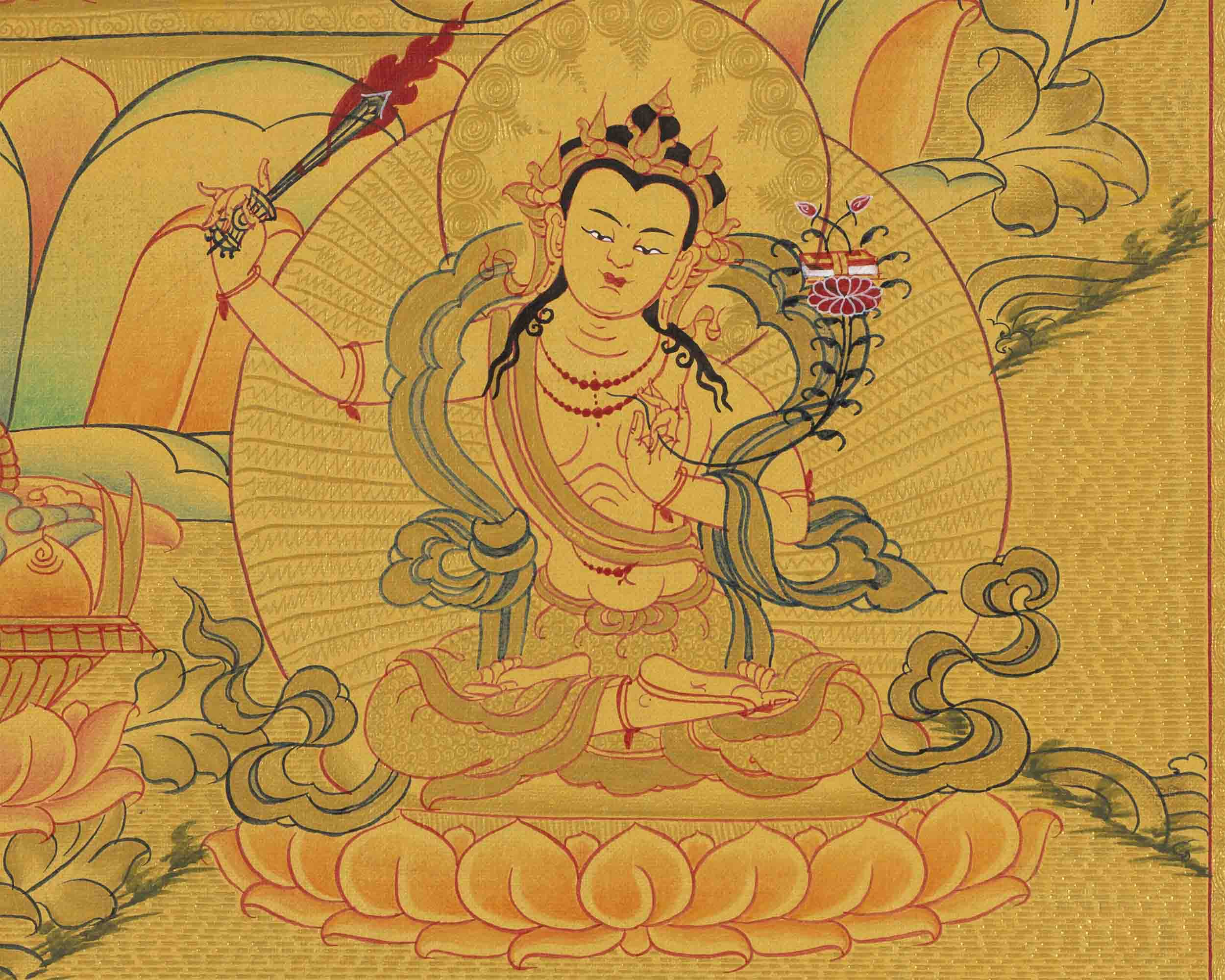Full 24K Gold Manjushree Thangka | Bodhisattva Of Wisdom