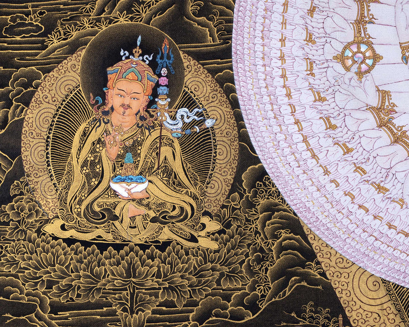 1000 Armed Chenrezig With Guru Rinpoche And Others | Tibetan Thangka Painting