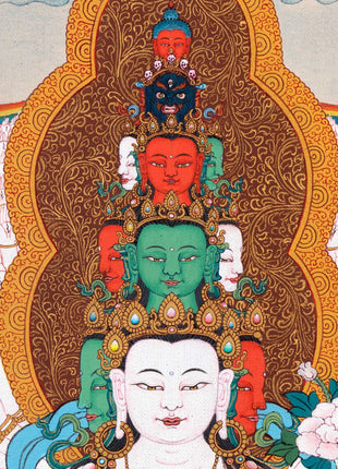 1000 Armed Chenrezig With Manjushri, Vajrapani and Amitabha | Thangka Print