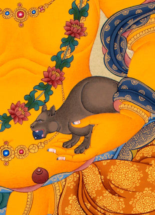 Jambala Thangka | Dzambala Wealth Deity | Tibetan Painting In Natural Stone Colors And 24K Gold