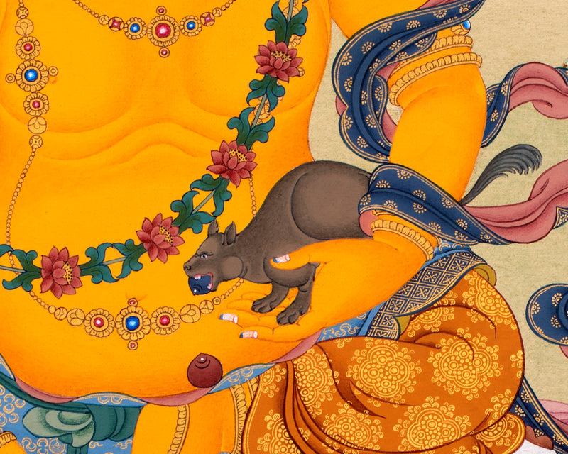 Jambala Thangka | Dzambala Wealth Deity | Tibetan Painting In Natural Stone Colors And 24K Gold