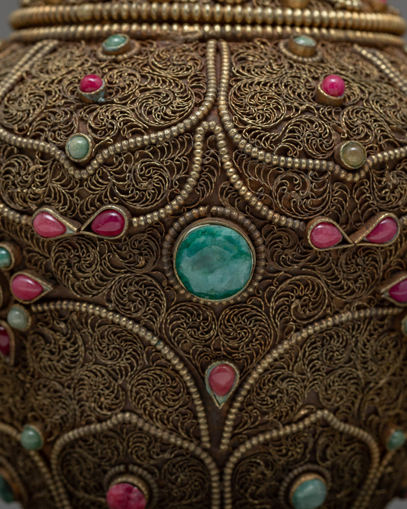Rare Offering Alms Bowl |  Old Tibetan Filigree Carving Gemstones Inlay | Ritual Items