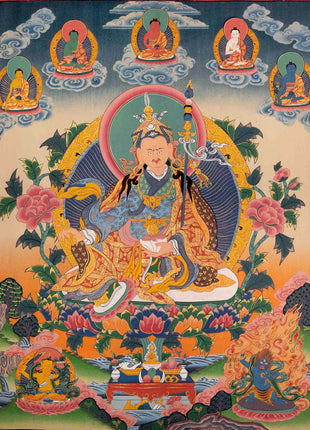 Handpainted Guru Rinpoche Surrounded By Dhyani Buddha Traditional Thangka |  Meditation And Yoga