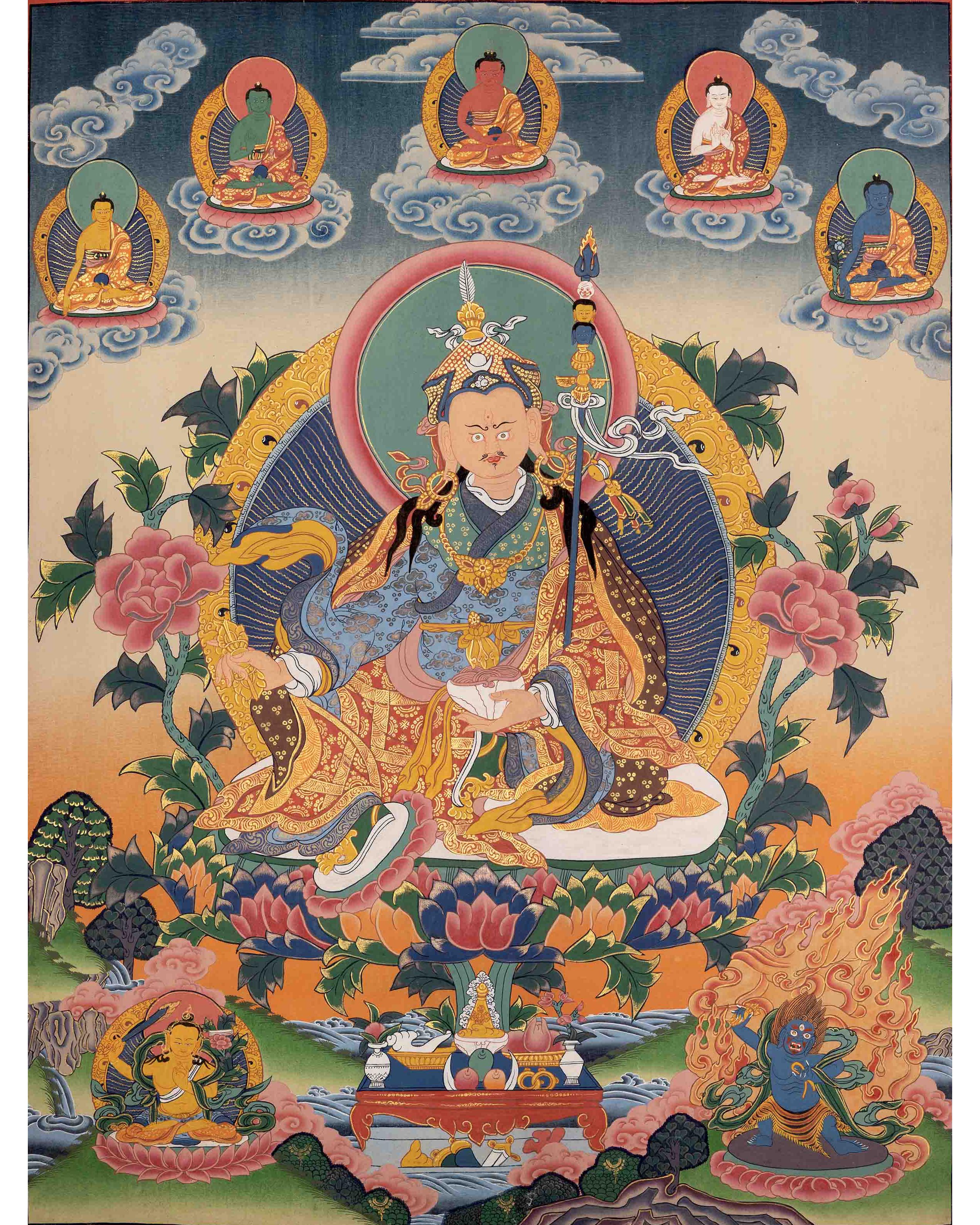Handpainted Guru Rinpoche Surrounded By Dhyani Buddha Traditional Thangka |  Meditation And Yoga