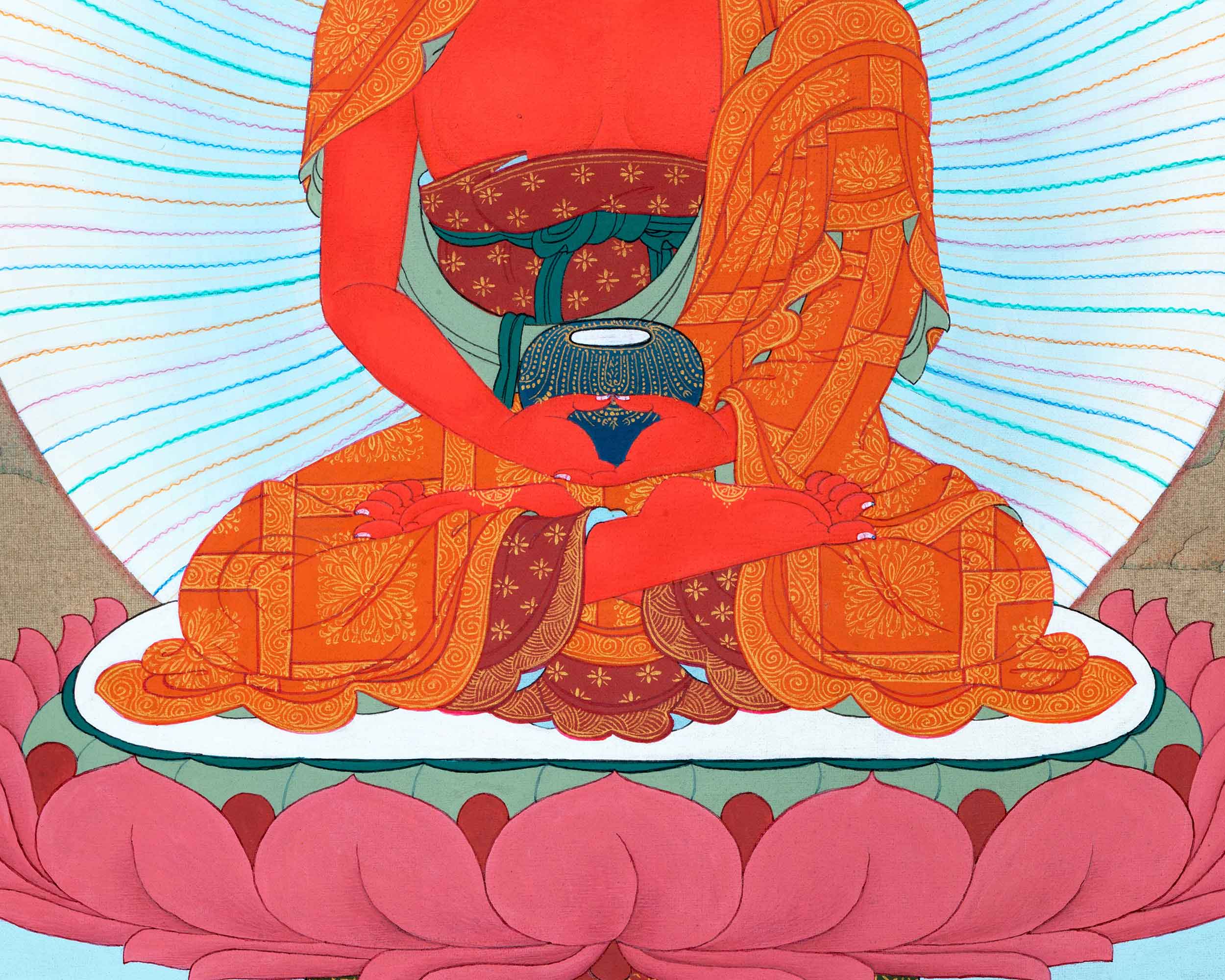 Namo Amitabha Buddha Thangka For Daily Meditation | Traditionally Hand-Painted Art Of Amitabha  With Chenrezig and Vajrapani
