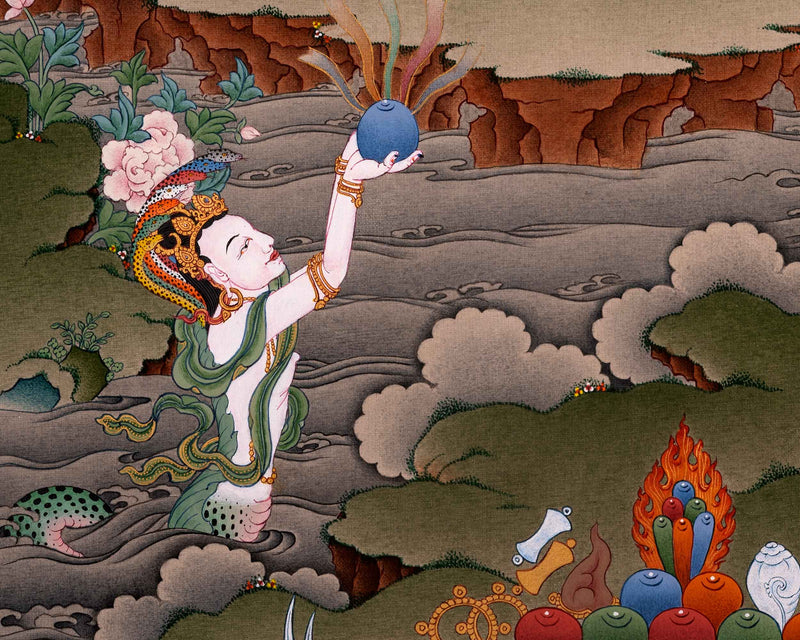 Bodhisattva Thangka | Chenrezig with Vajrapani, Manjushri and Amitabha Buddha