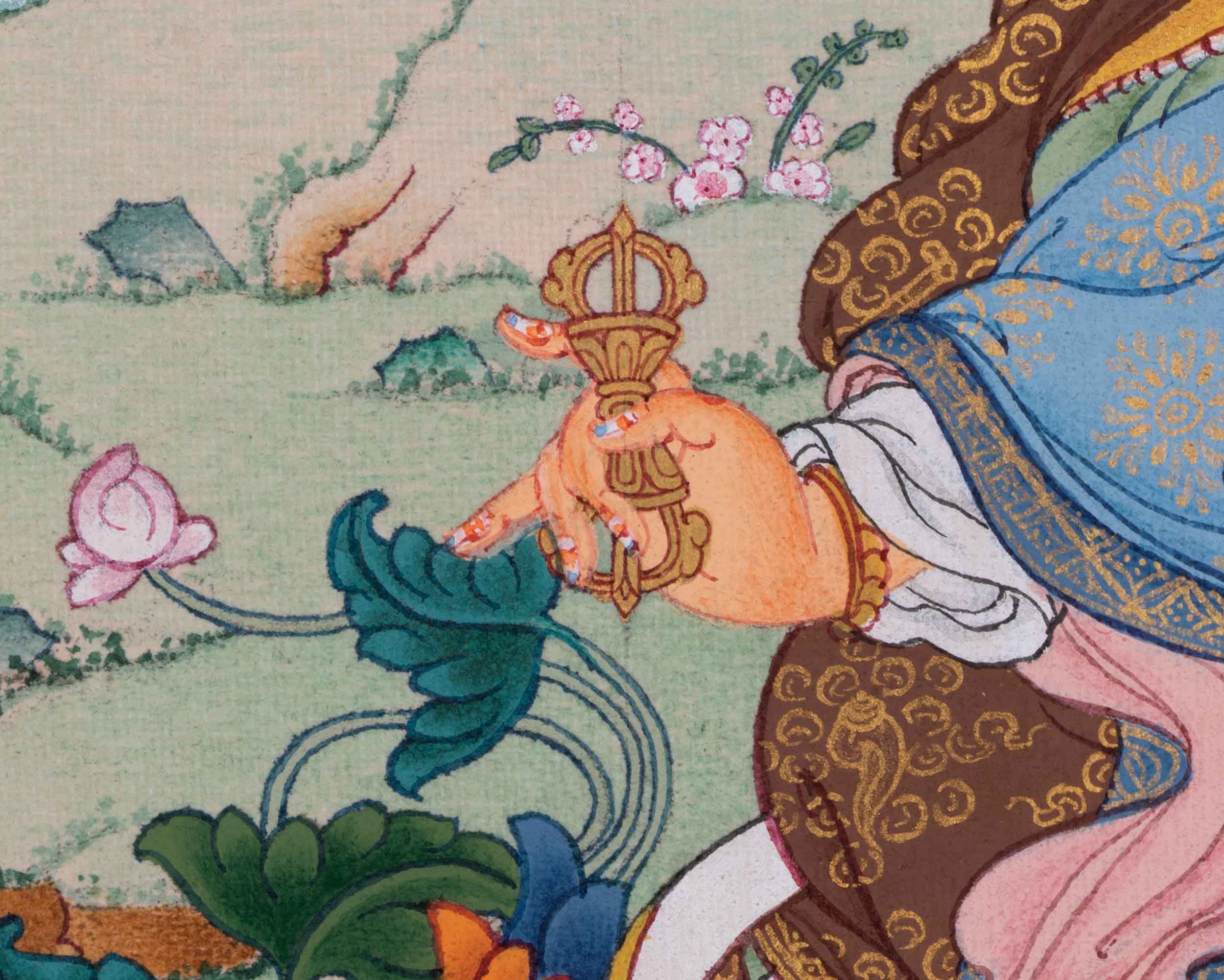 Traditionally Hand-Painted Guru Rinpoche Mantra Thangka | Tibetan Lotus Born Master Art For Prayers