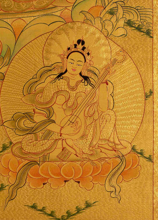 Gold Green Tara Thangka | Religious Buddhist Painting | Wall Decors
