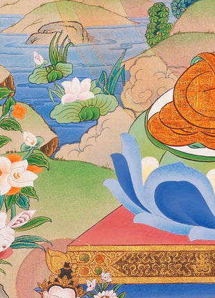 Amitabha Buddha With Chenrezig and Vajrapani Thangka | Traditionally Hand-Painted Art