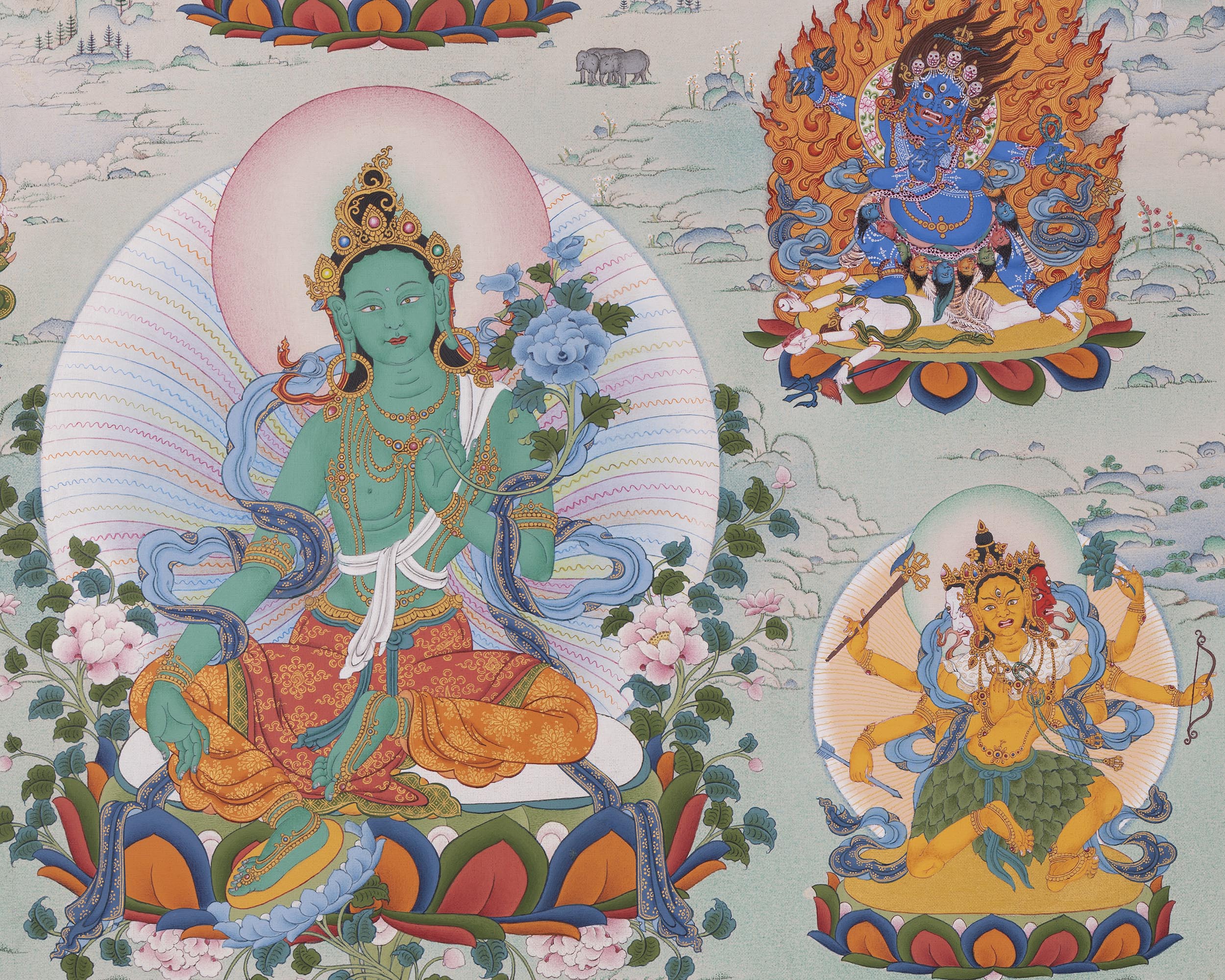 Green Tara with Buddhas and Bodhisattvas | Traditional Tibetan Thangka Print